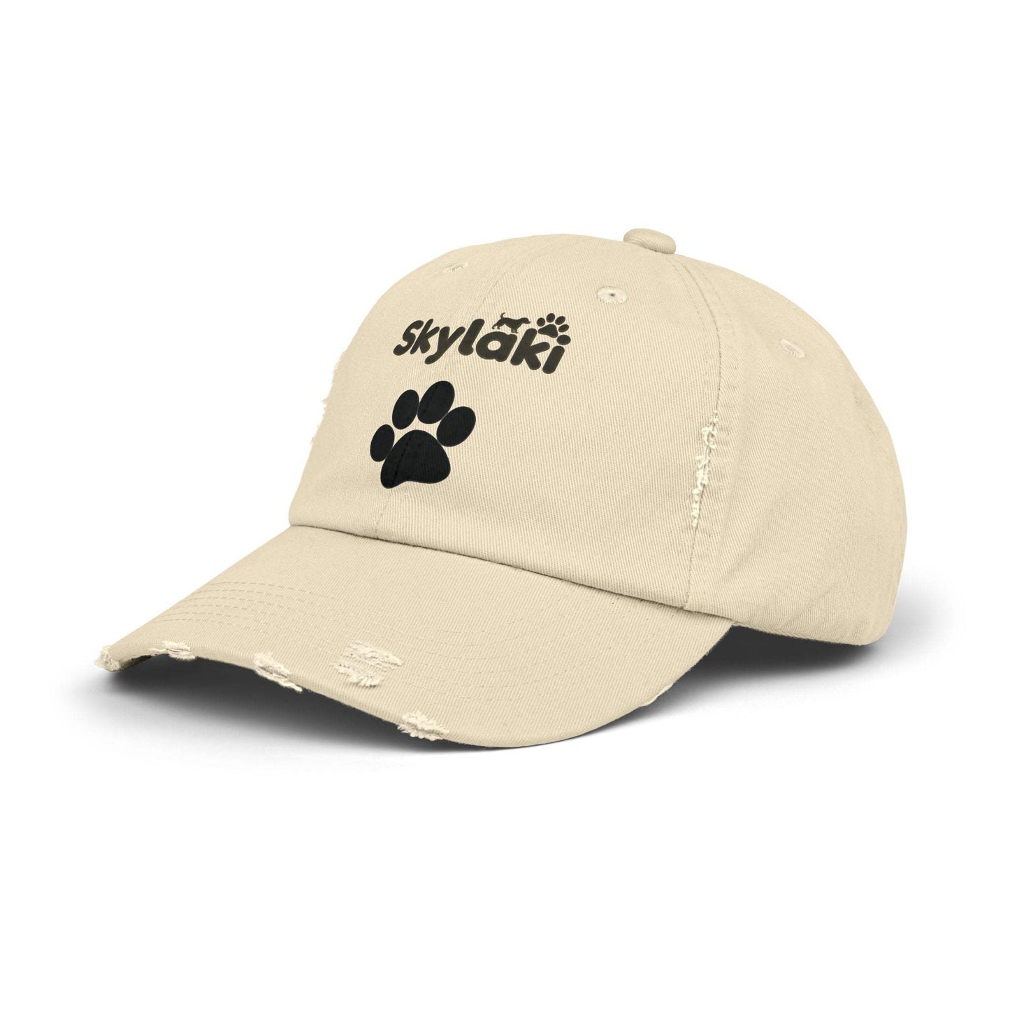 Unisex distressed cap with Skylaki logo, cotton twill, adjustable fit.
