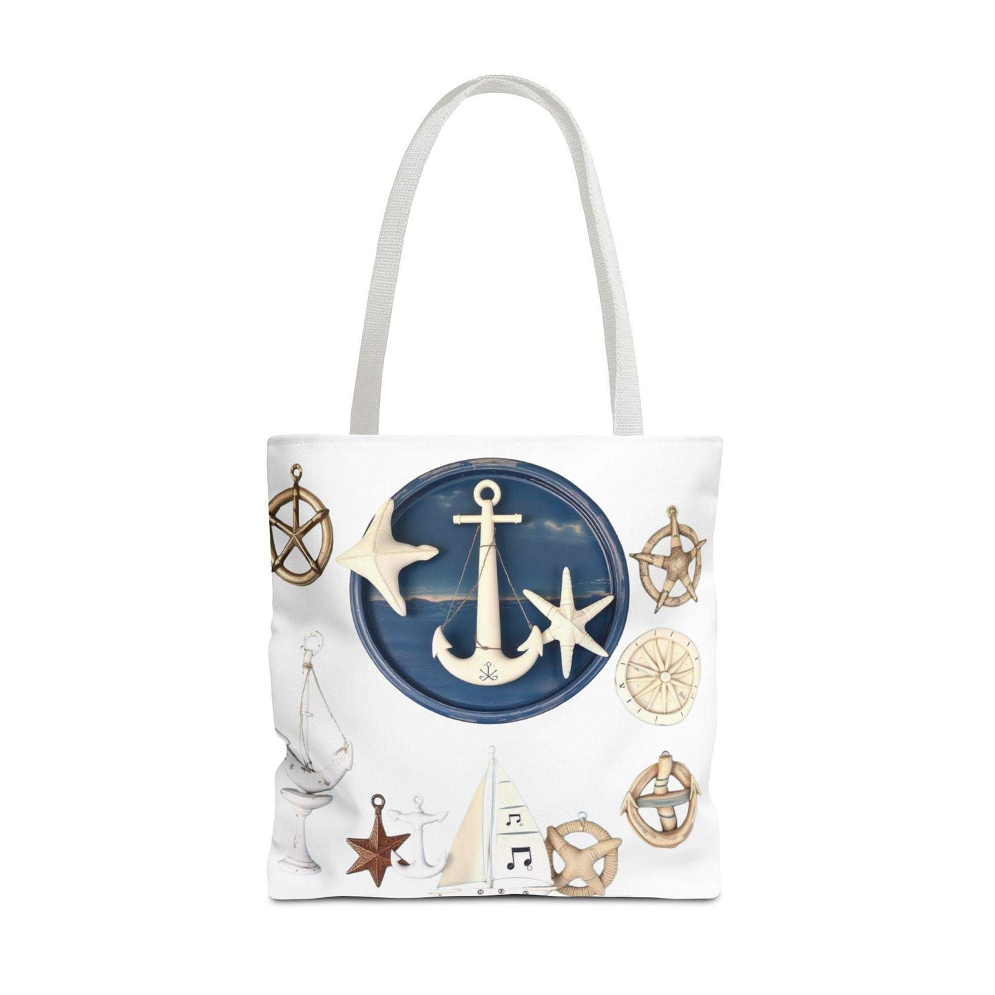 Nautical tote bag with anchor and star motif, featuring durable polyester fabric and stylish coastal design.