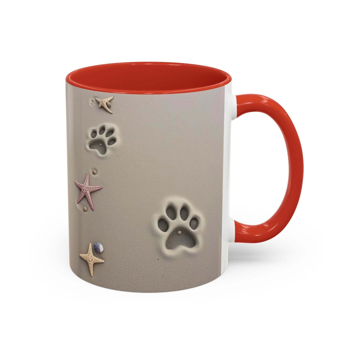 Nautical Coffee Mug with starfish and paw prints design, perfect for beach lovers.