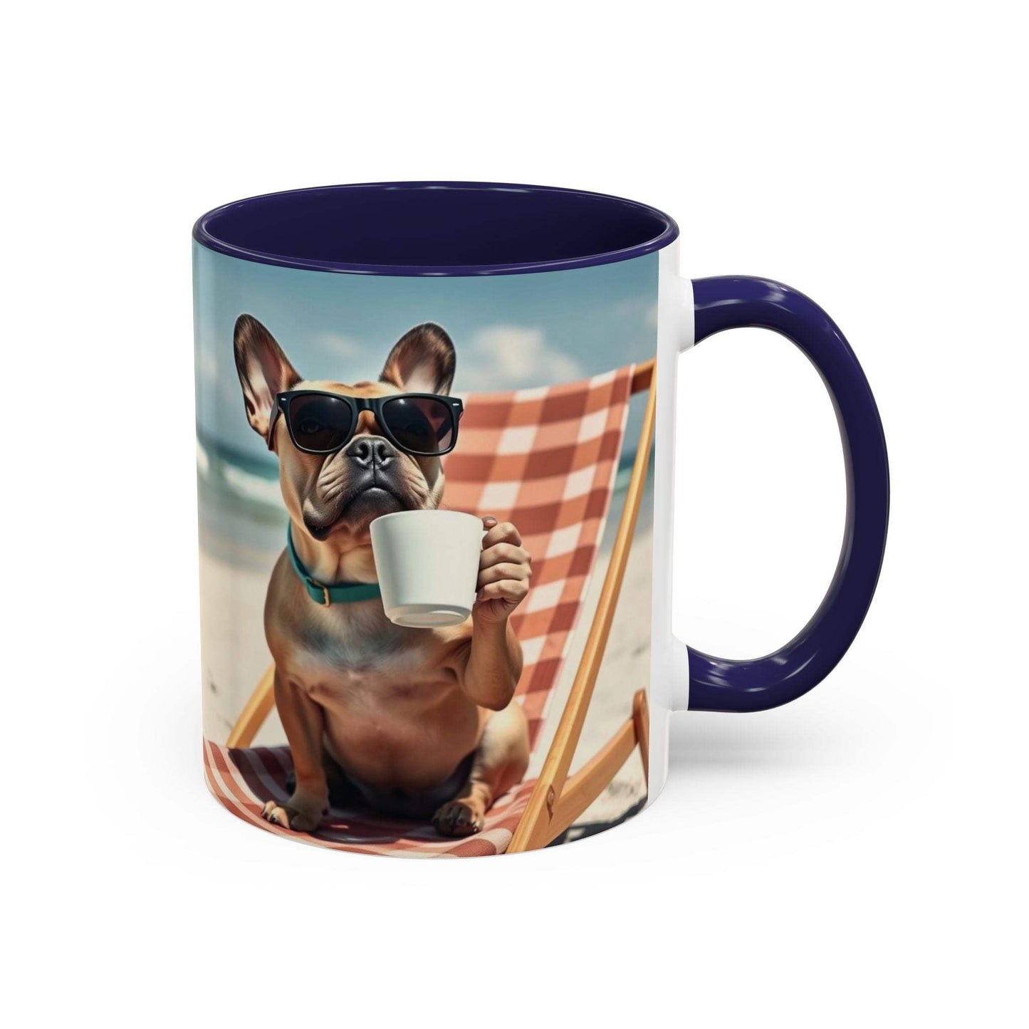 Beach Dog Accent Coffee Mug with cute dog enjoying a beach day, perfect for pet lovers.