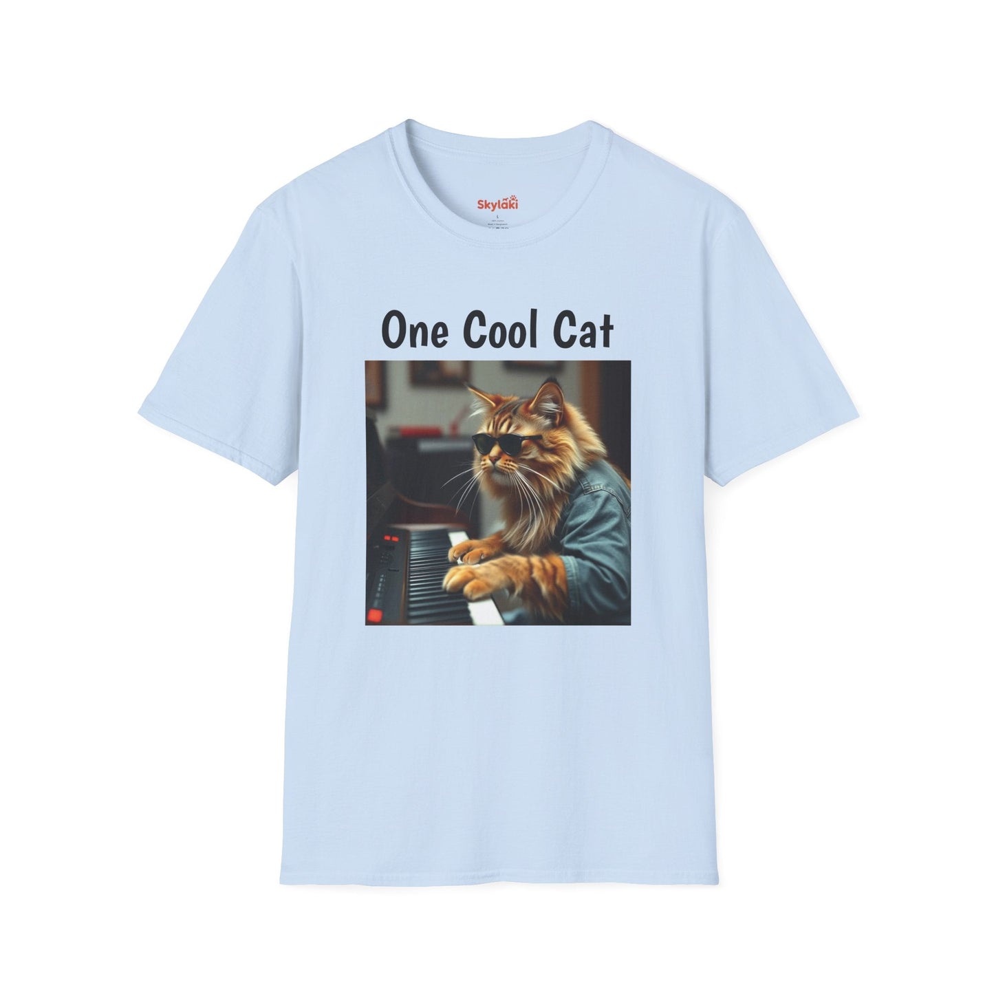 Unisex t-shirt with a fun, quirky design of a cool cat playing the piano; ideal gift for cat lovers.