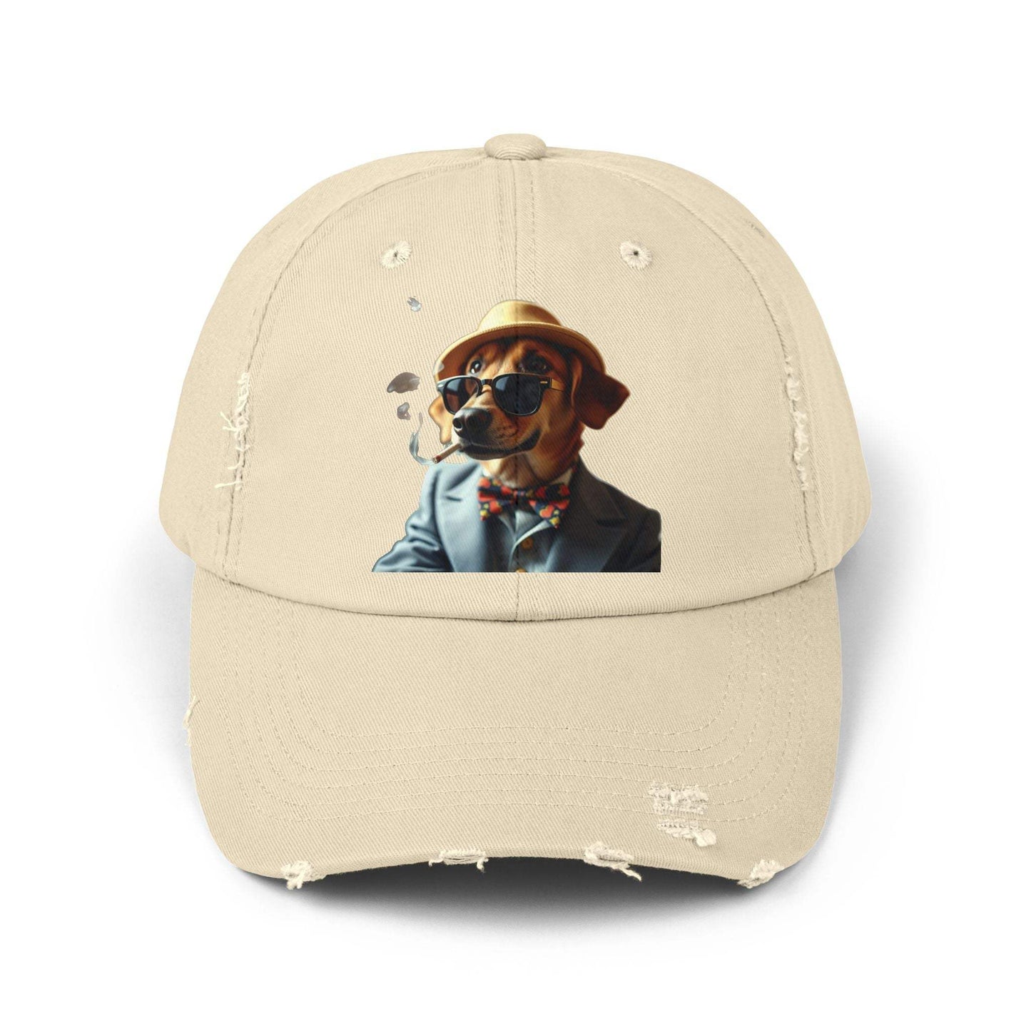Fun Baseball cap with distressed design featuring a dog in sunglasses, vintage cotton style.