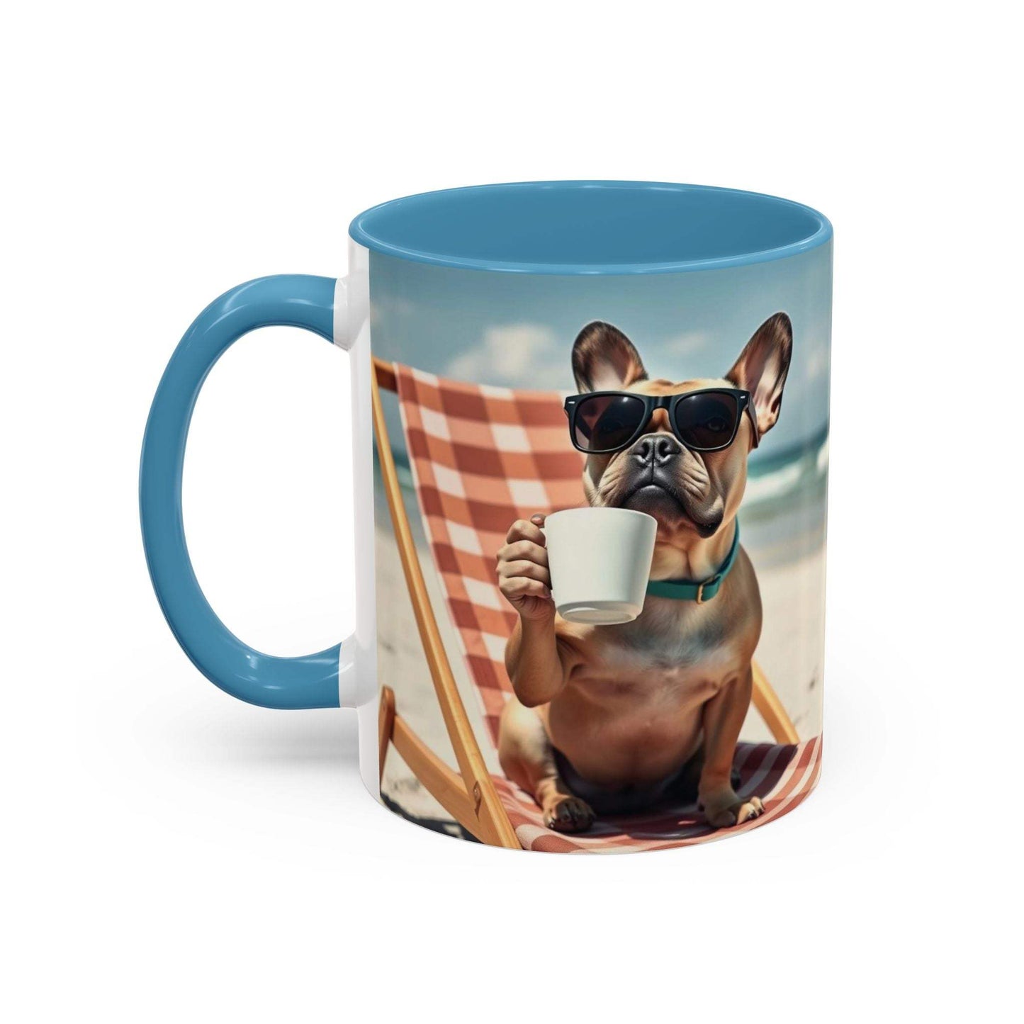 Beach Dog Accent Coffee Mug with dog enjoying beach, ideal for pet lovers.
