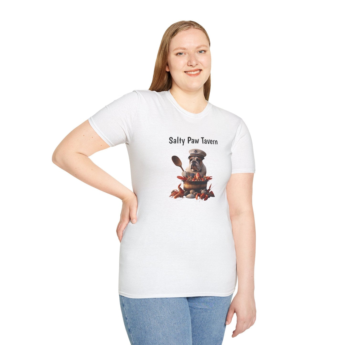 Unisex soft style T-shirt made of high-quality materials with a printed design, worn by a model.