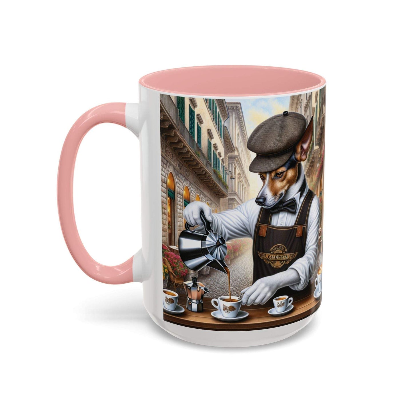 Artistic Dog Barista Coffee Mug with dog illustration, pink handle, 11oz or 15oz size for dog lovers.