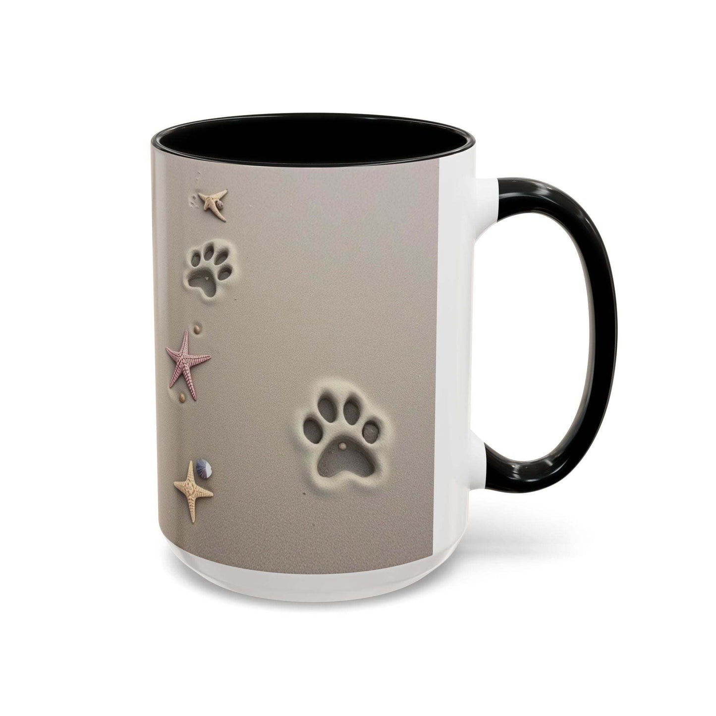 Nautical coffee mug with starfish and paw prints design, ideal for beach and animal lovers.