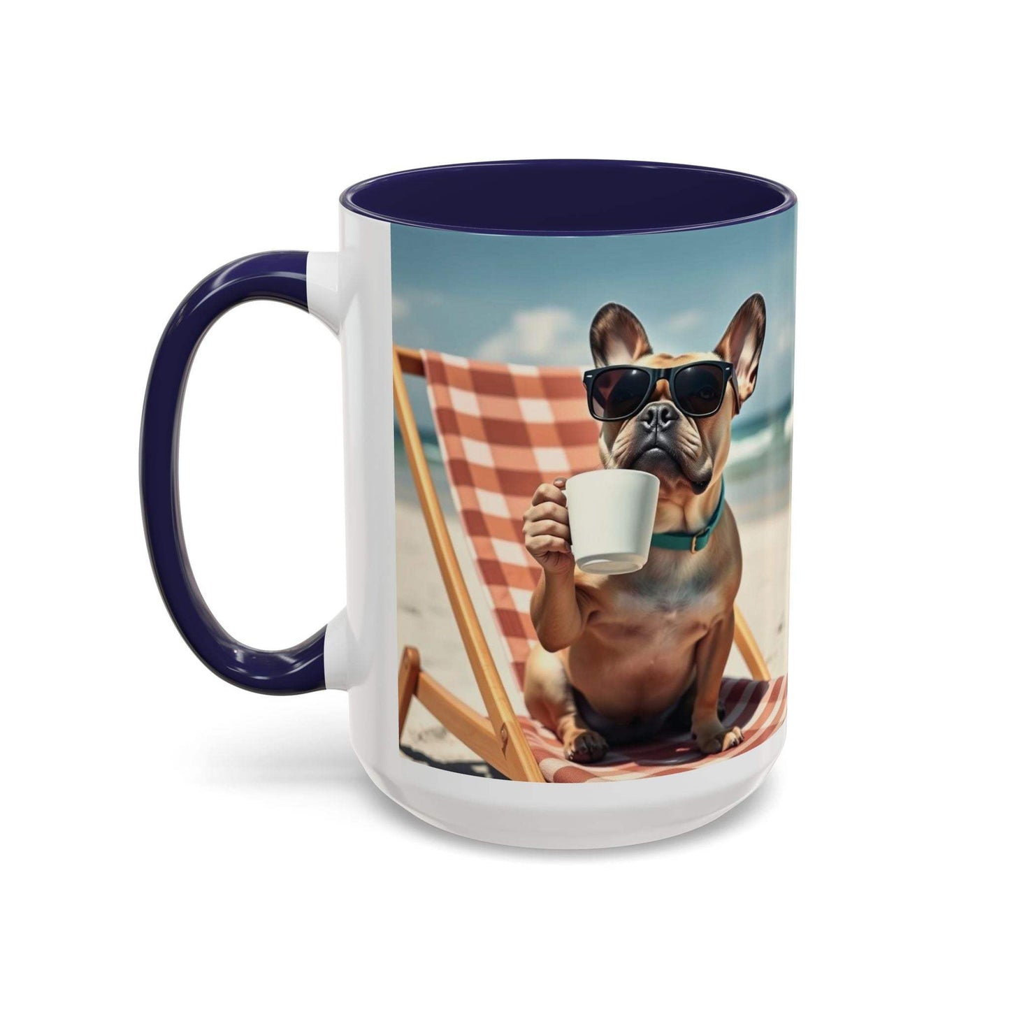 Beach Dog Accent Coffee Mug with dog on beach chair design, perfect for pet lovers.