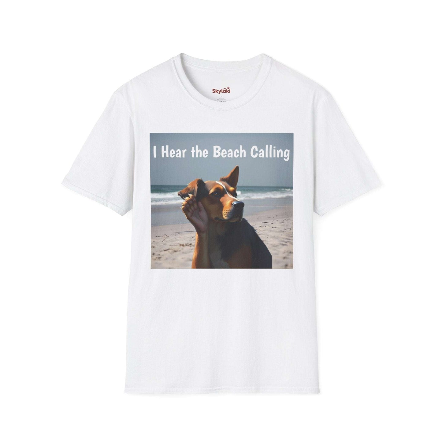 Dog Lovers Unisex Softstyle T-Shirt with "I Hear the Beach Calling" design, showcasing a dog on a beach, perfect for pet enthusiasts and beach lovers.