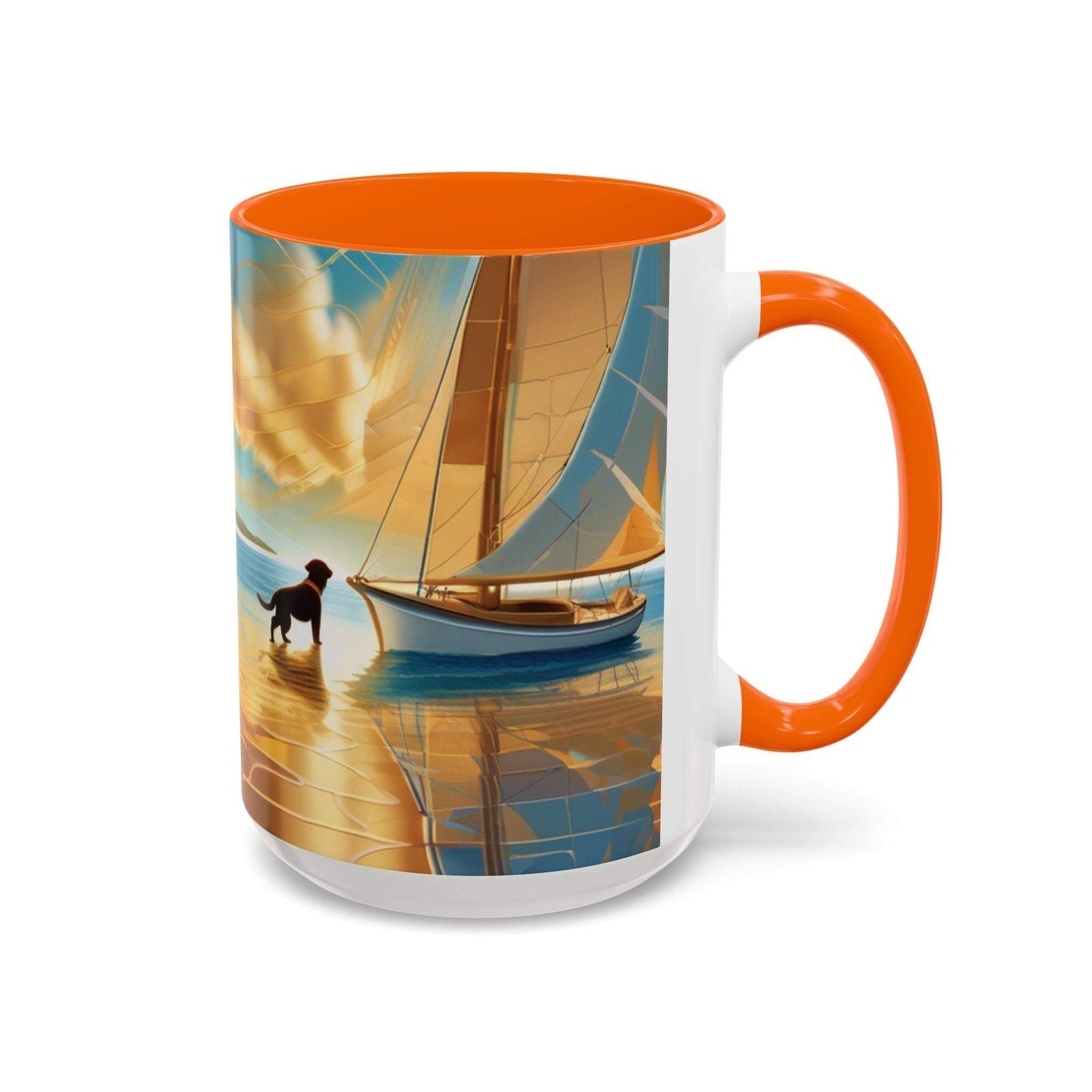 Serene Sunset Dog Lover's Mug with sailboat and dog design, 11oz and 15oz sizes.
