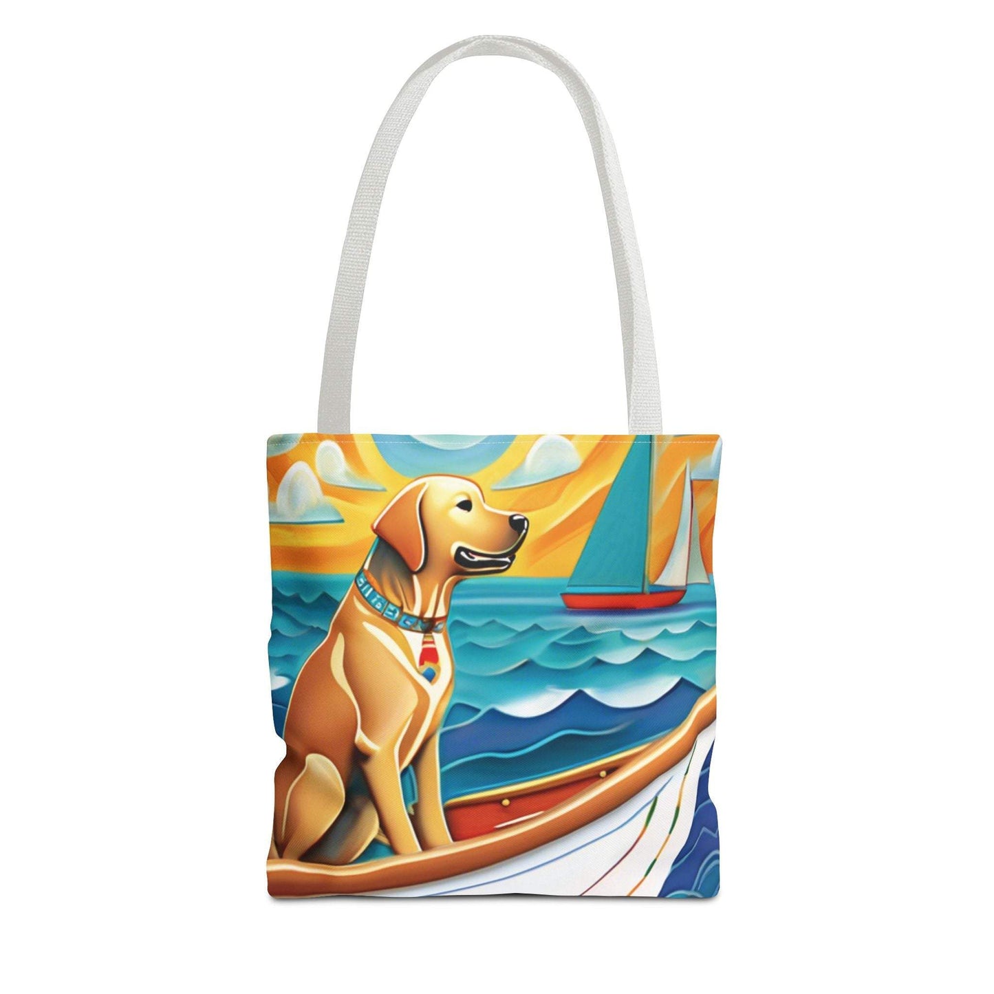 Vibrant tote bag featuring a sailing dog design, perfect for pet lovers and outdoor enthusiasts.