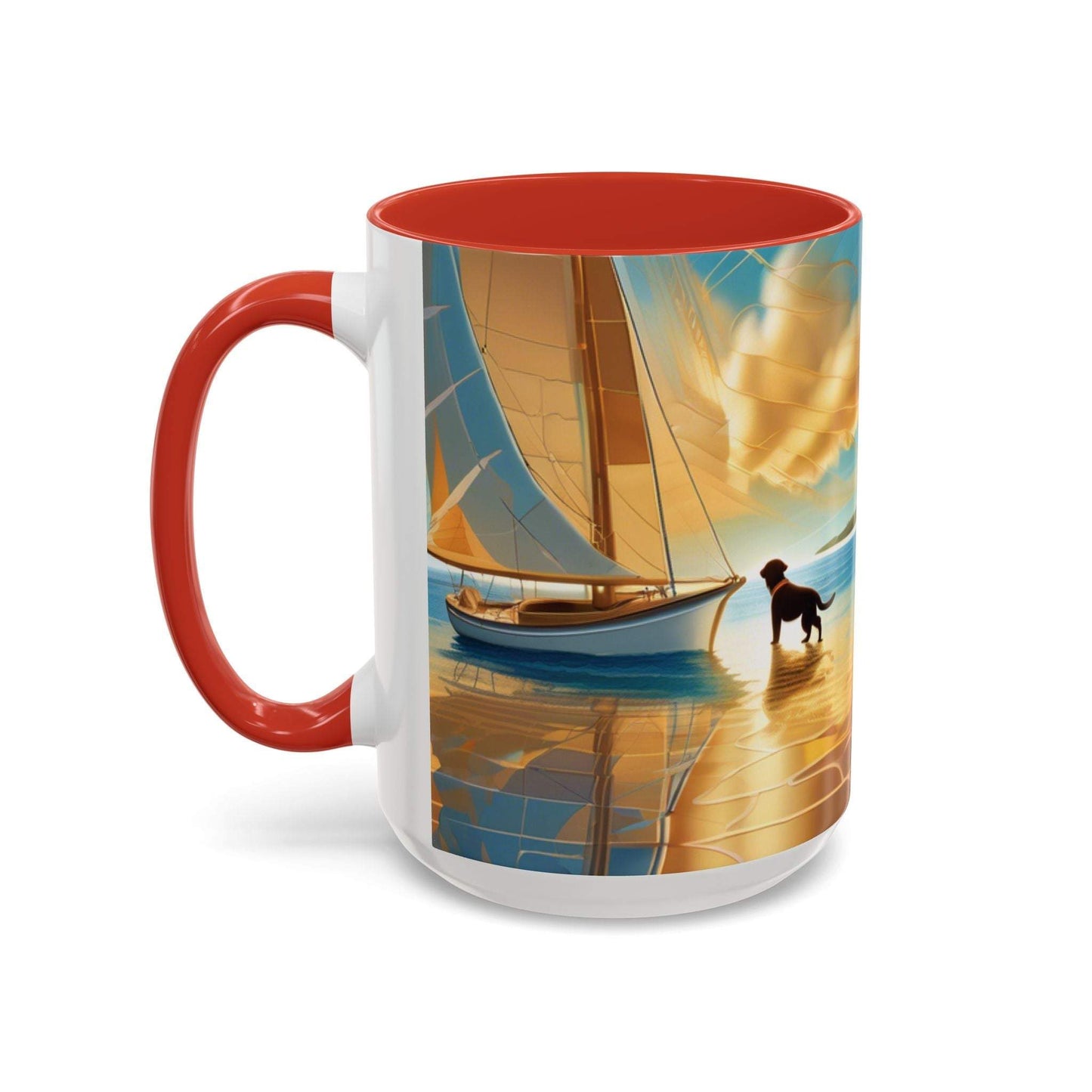 Serene Sunset Dog Lover's Mug with sailboat and dog art, 11oz & 15oz sizes.