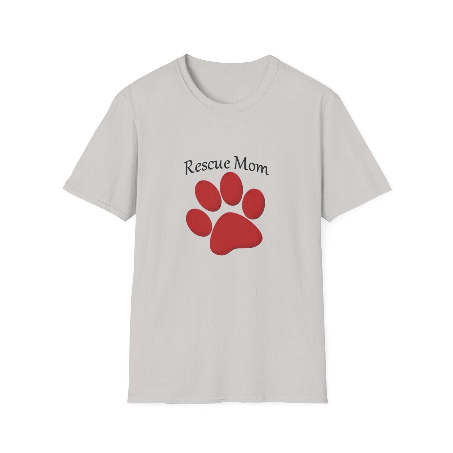 Unisex soft style t-shirt with "Rescue Mom" design and red paw print, highlighting support for rescue dogs.