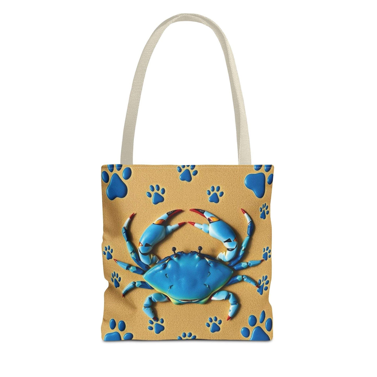 Blue Crab Pattern Tote Bag with beach design, ideal for summer adventures.