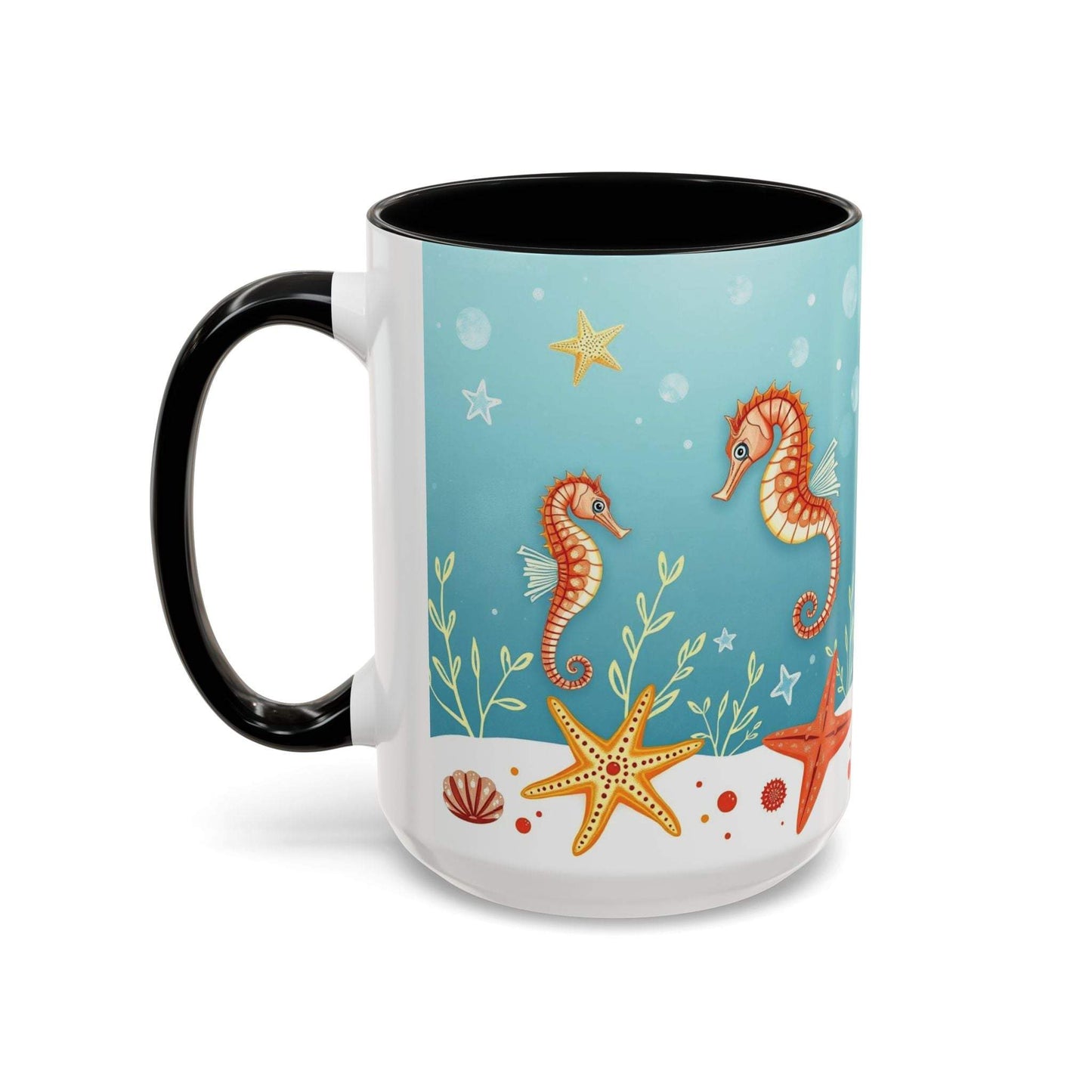 Ocean-themed accent coffee mug with seahorses and starfish design.