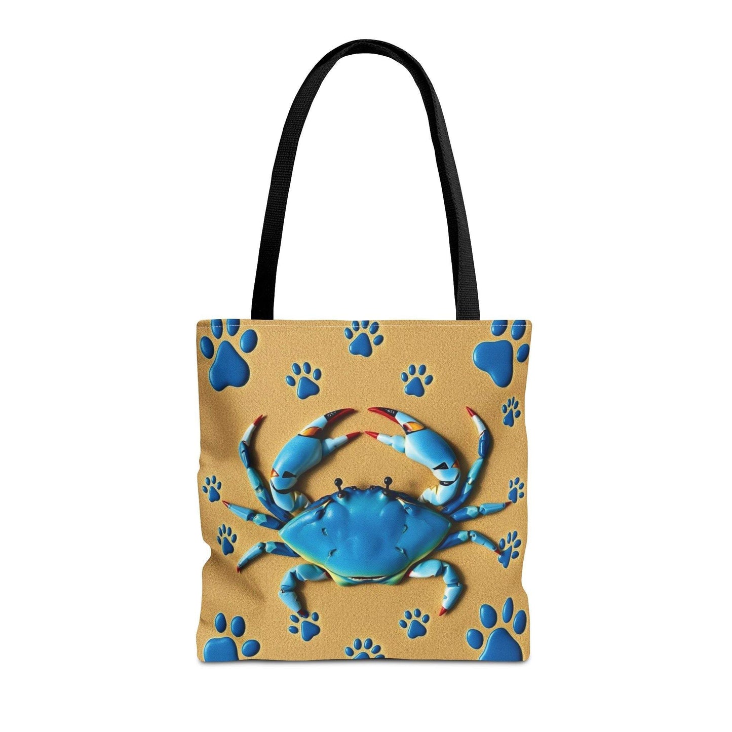 Blue Crab Pattern Tote Bag with Black Handles - Coastal Beach Accessory
