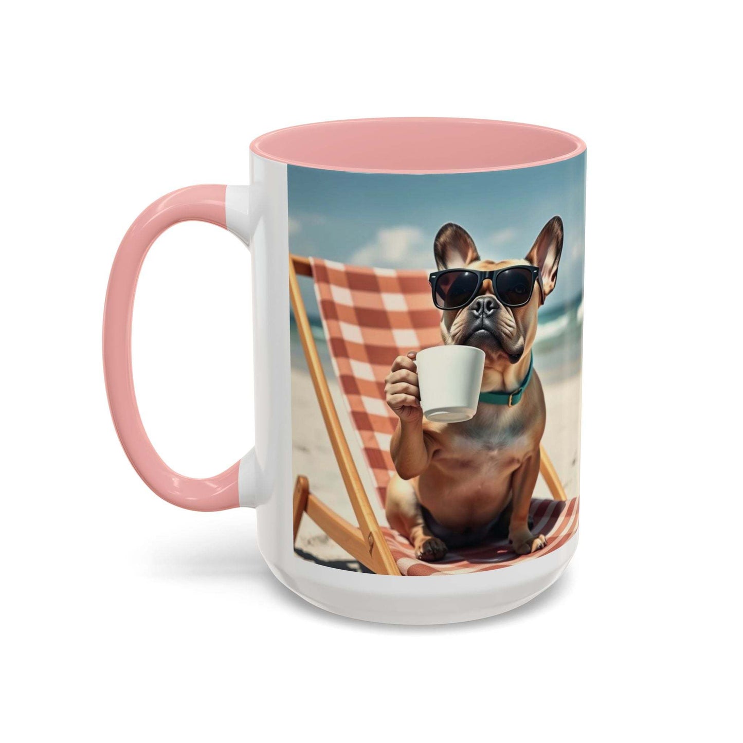 Beach Dog Accent Coffee Mug with dog relaxing on a beach chair, ideal for pet lovers and summer vibes.
