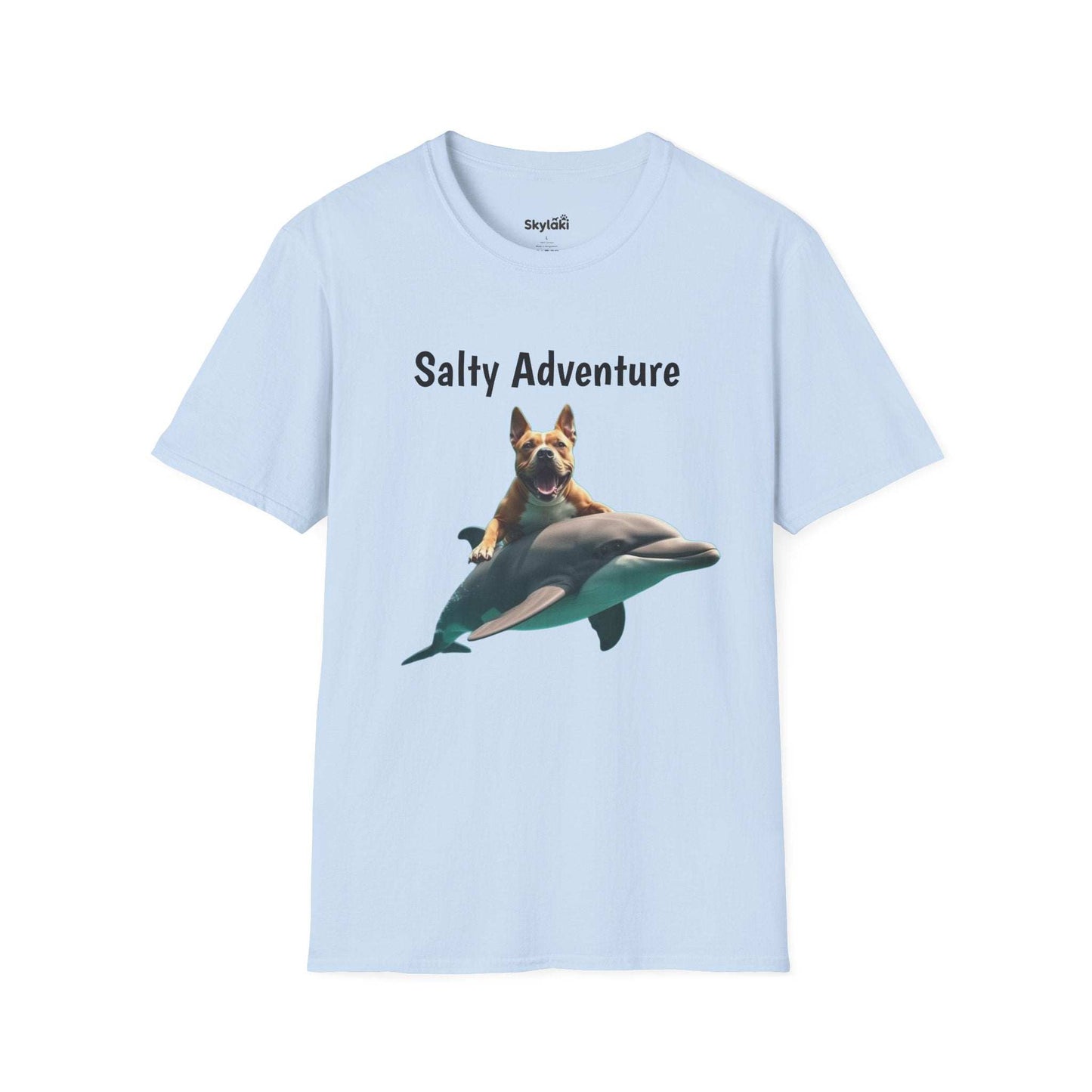 Unisex softstyle t-shirt with "Salty Adventure" graphic featuring dog on dolphin, perfect for fun beach life enthusiasts.