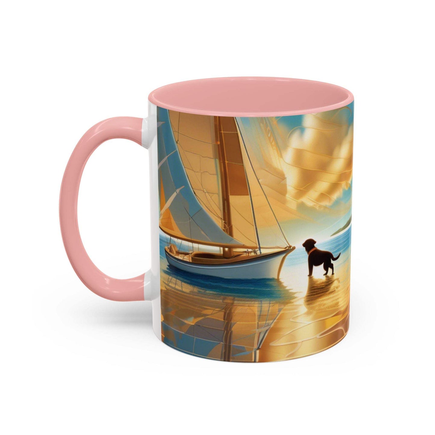 Serene Sunset Dog Lover's Mug with vibrant artwork, 11oz and 15oz sizes.