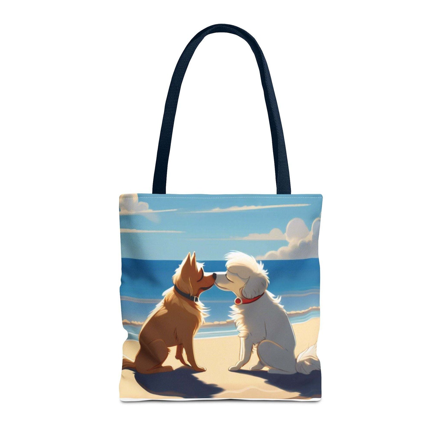 Stylish everyday tote bag with dogs on a beach design, multiple handle colors, and durable polyester fabric.
