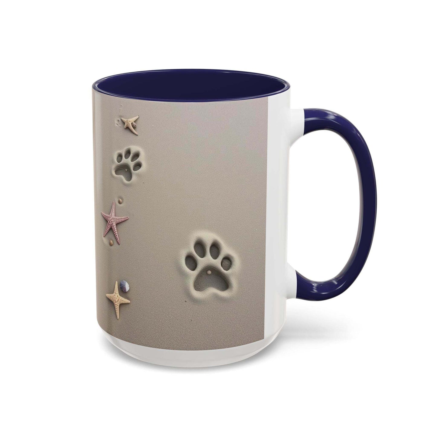 Nautical coffee mug with starfish and paw prints design, perfect for beach and animal lovers.