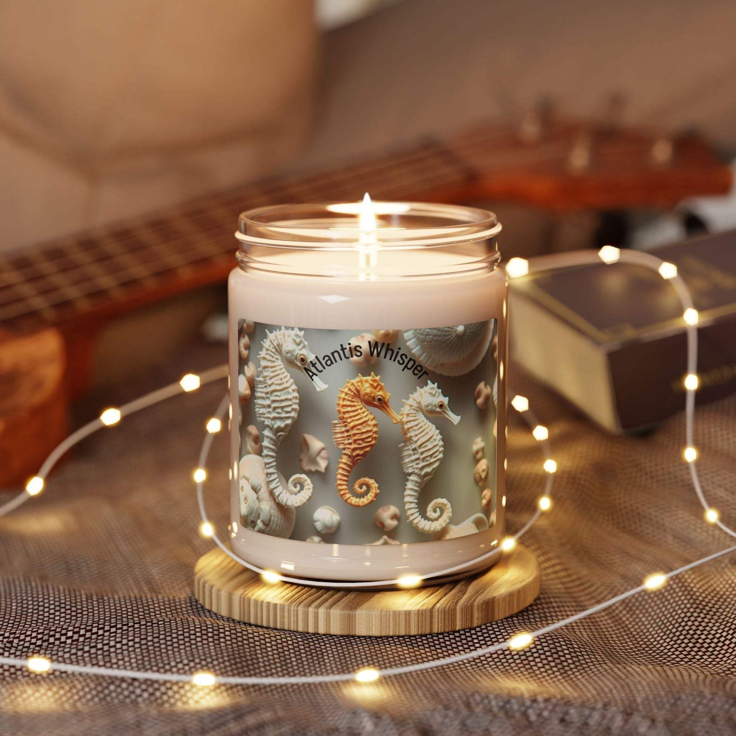 Ocean-inspired scented soy candle in a 9oz jar, featuring a glowing wick and reusable glass vessel.