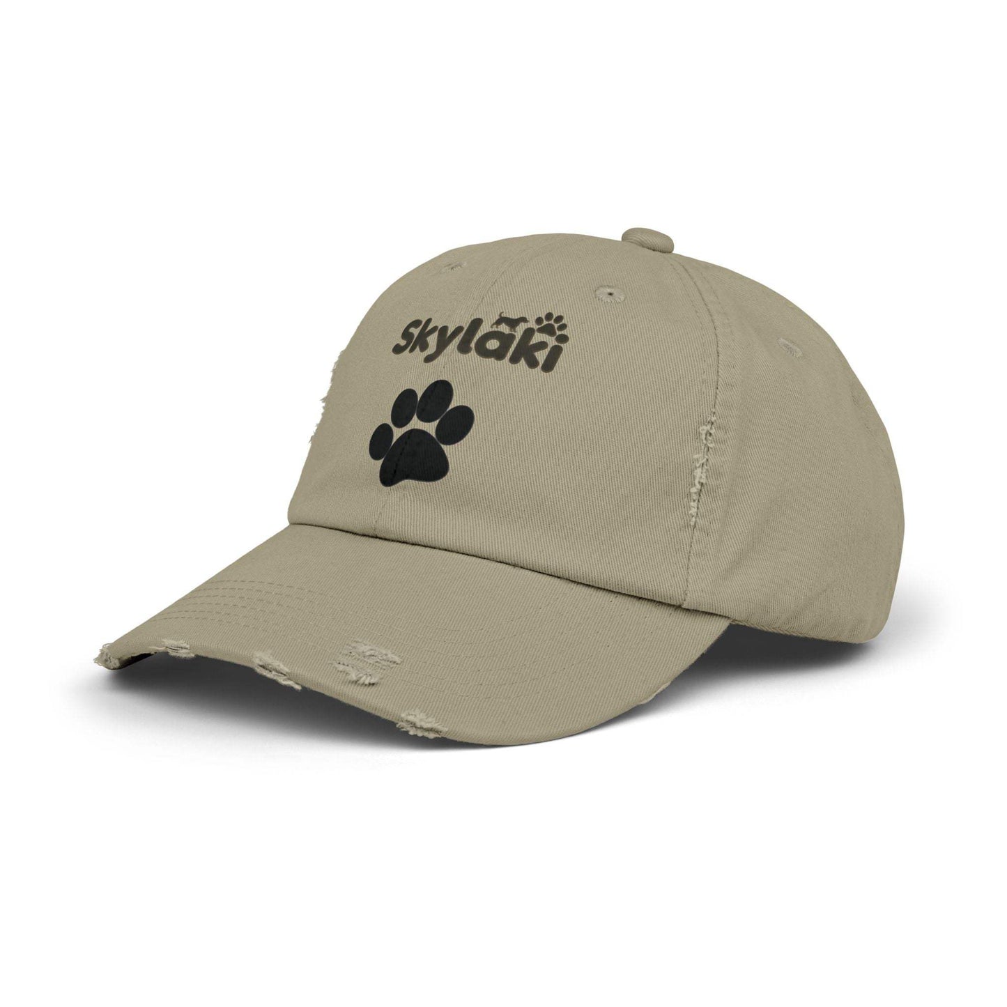 Unisex Distressed Cap with Skylaki Logo in cotton twill featuring adjustable D-ring closure.