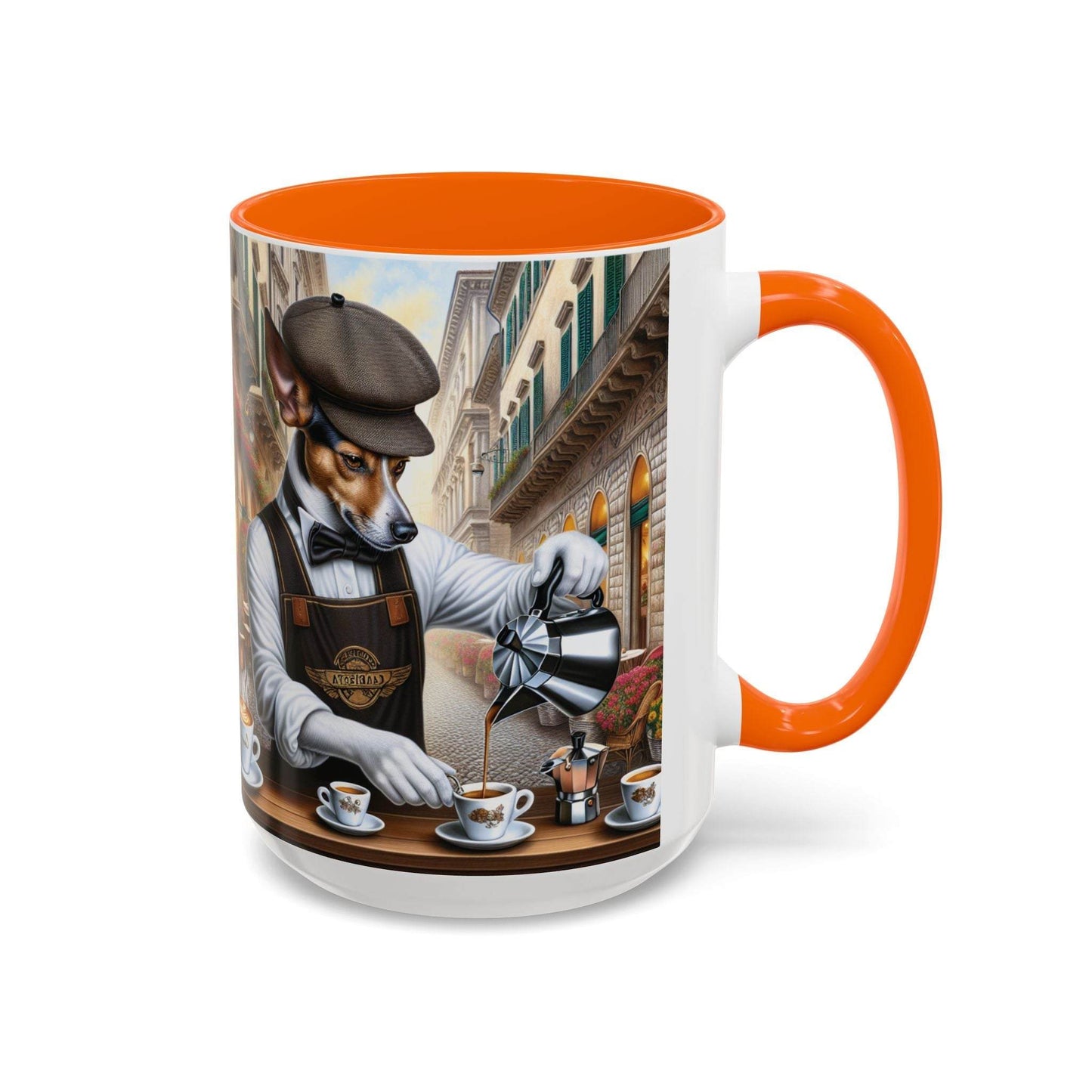 Artistic dog barista coffee mug with vibrant design in 11oz and 15oz sizes.