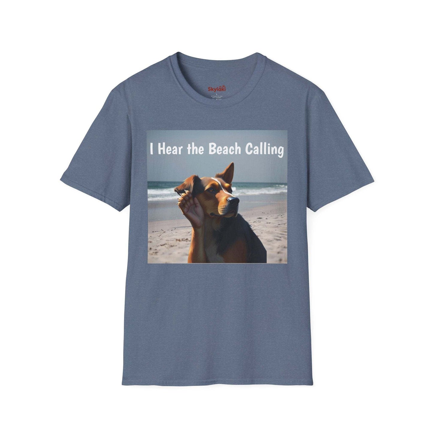 Dog Lovers Unisex Softstyle T-Shirt with beach theme design and dog graphic.