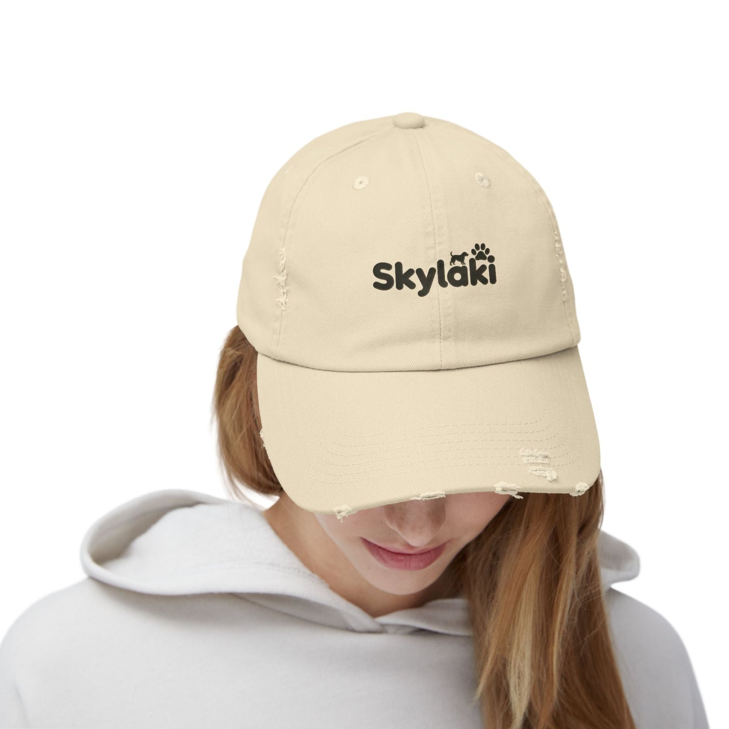 Unisex distressed cap with Skylaki logo, vintage cotton twill, casual dog lover hat.