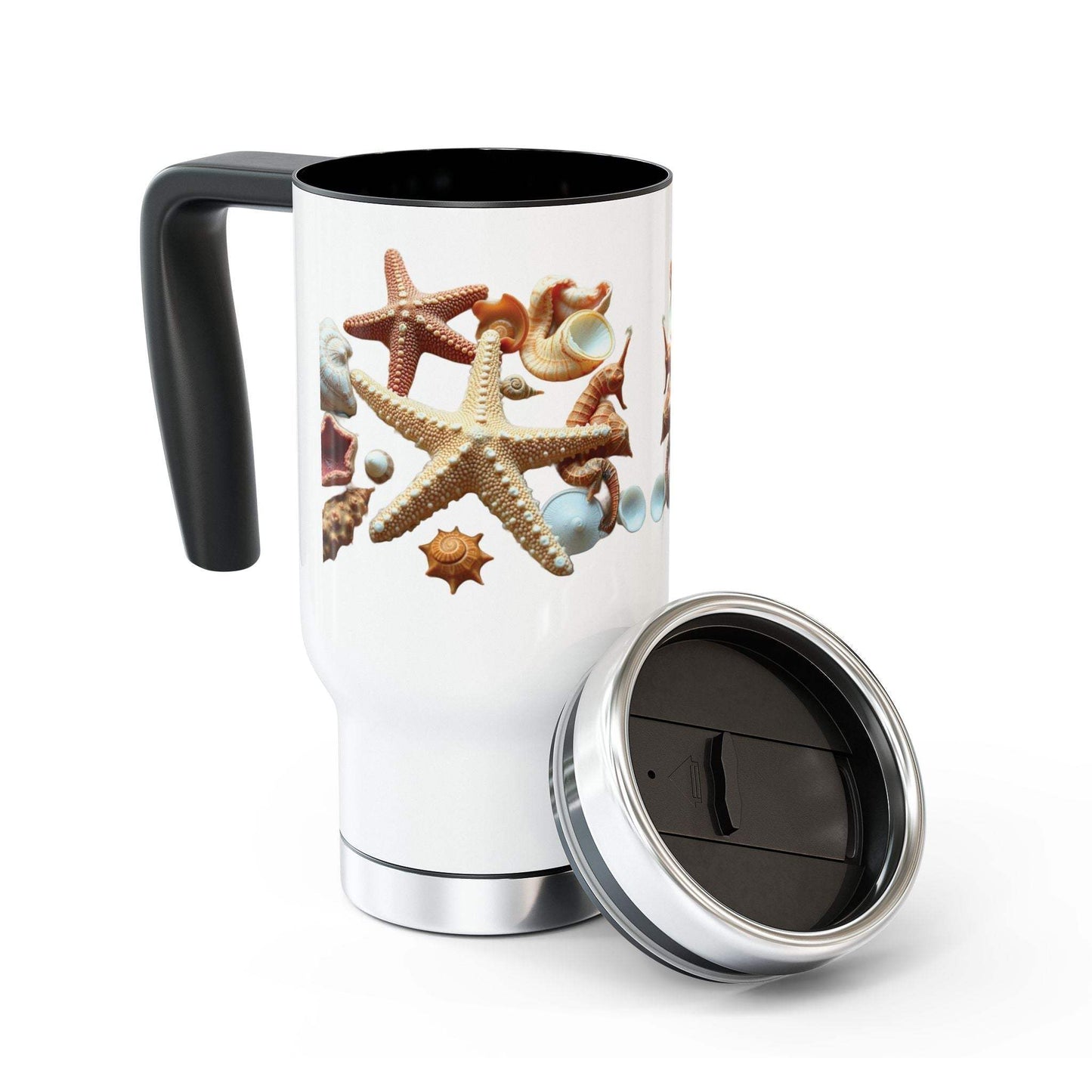 Stainless steel travel mug with handle and sea-themed design, 14oz, glossy enamel finish, spill-resistant cap.