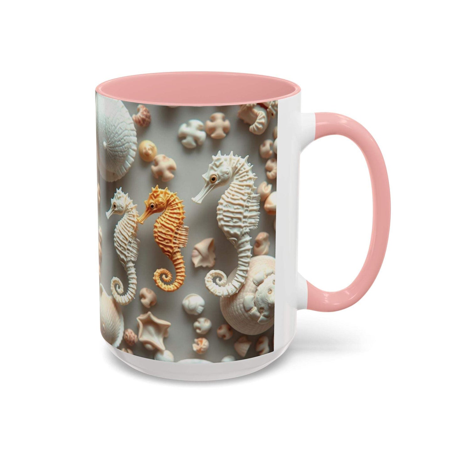 Seahorse accent coffee mug with nautical design, pink handle, and interior.