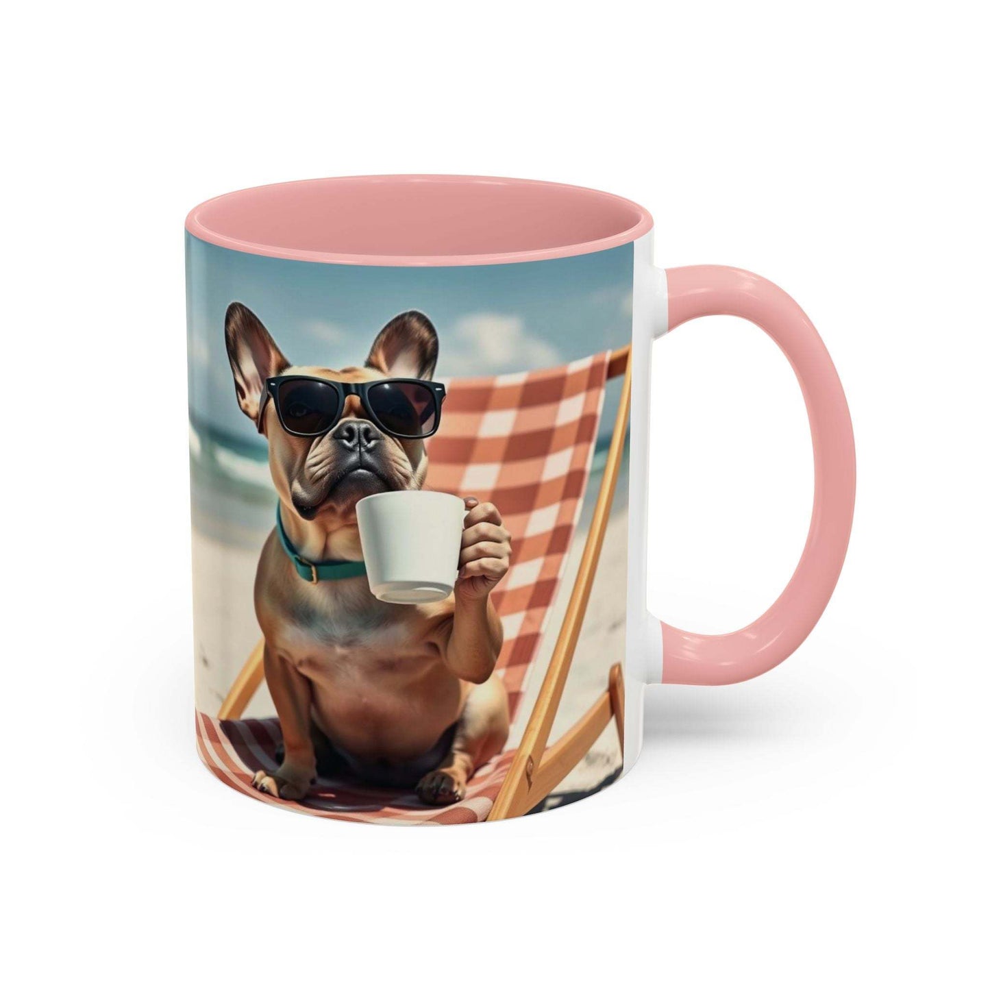 Beach Dog Accent Coffee Mug featuring a dog on a beach chair with sunglasses, ideal for pet and summer lovers.
