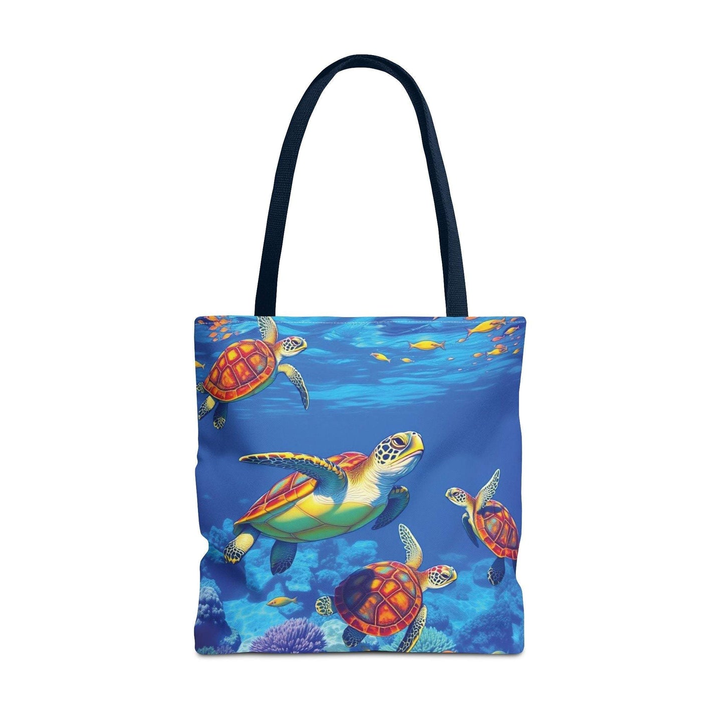 Colorful tote bag featuring underwater turtles and ocean life design.