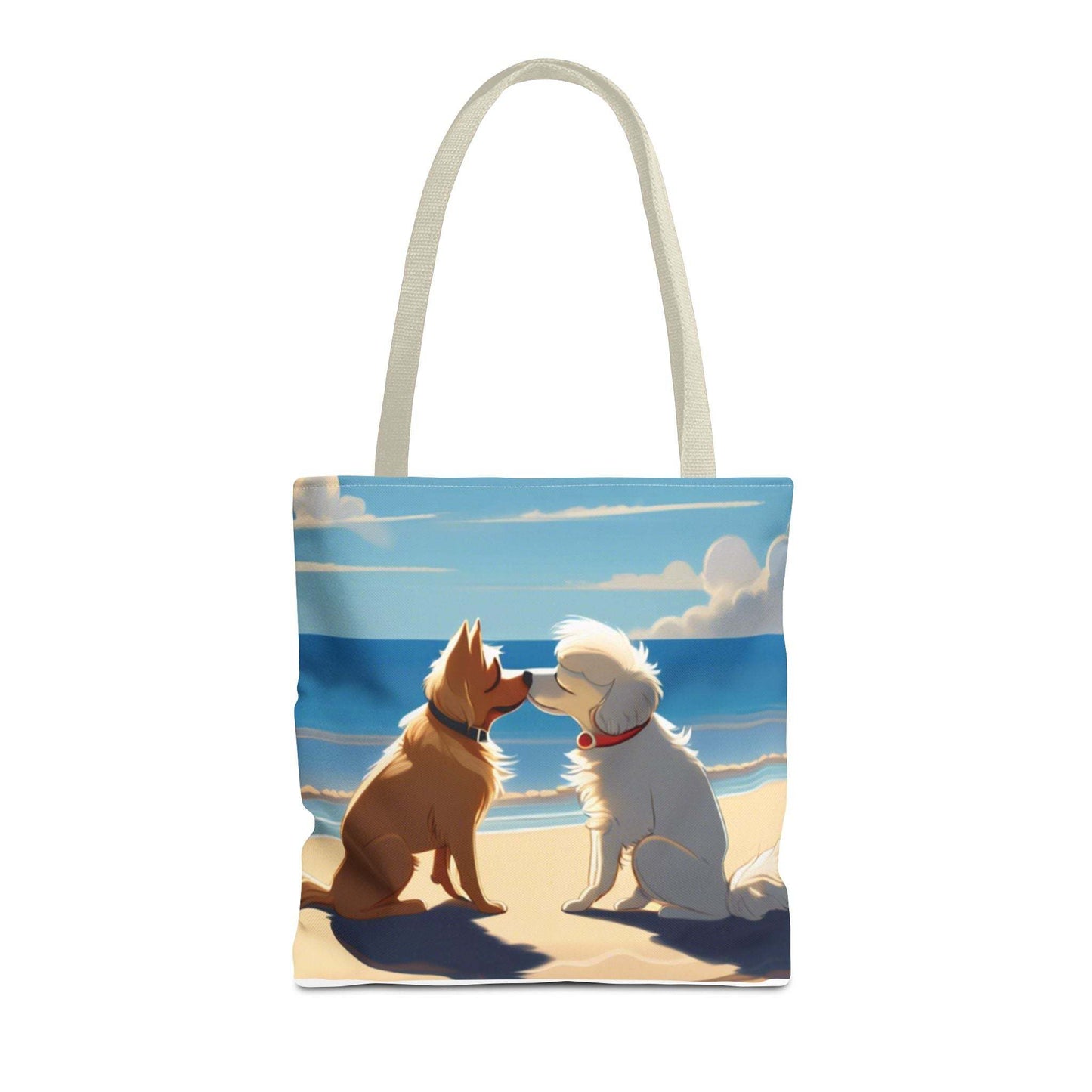 Stylish "Pups on The Beach" everyday tote bag, durable polyester with beach design, available in 3 sizes.