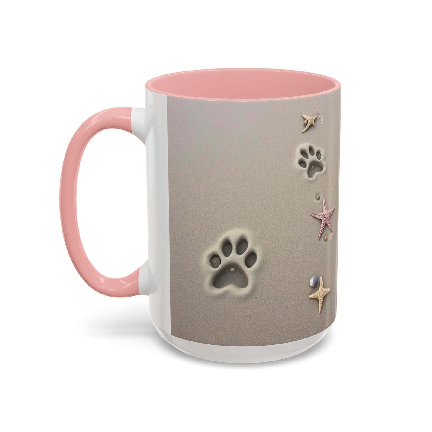 Nautical coffee mug with starfish and paw prints design, ideal for beach lovers.