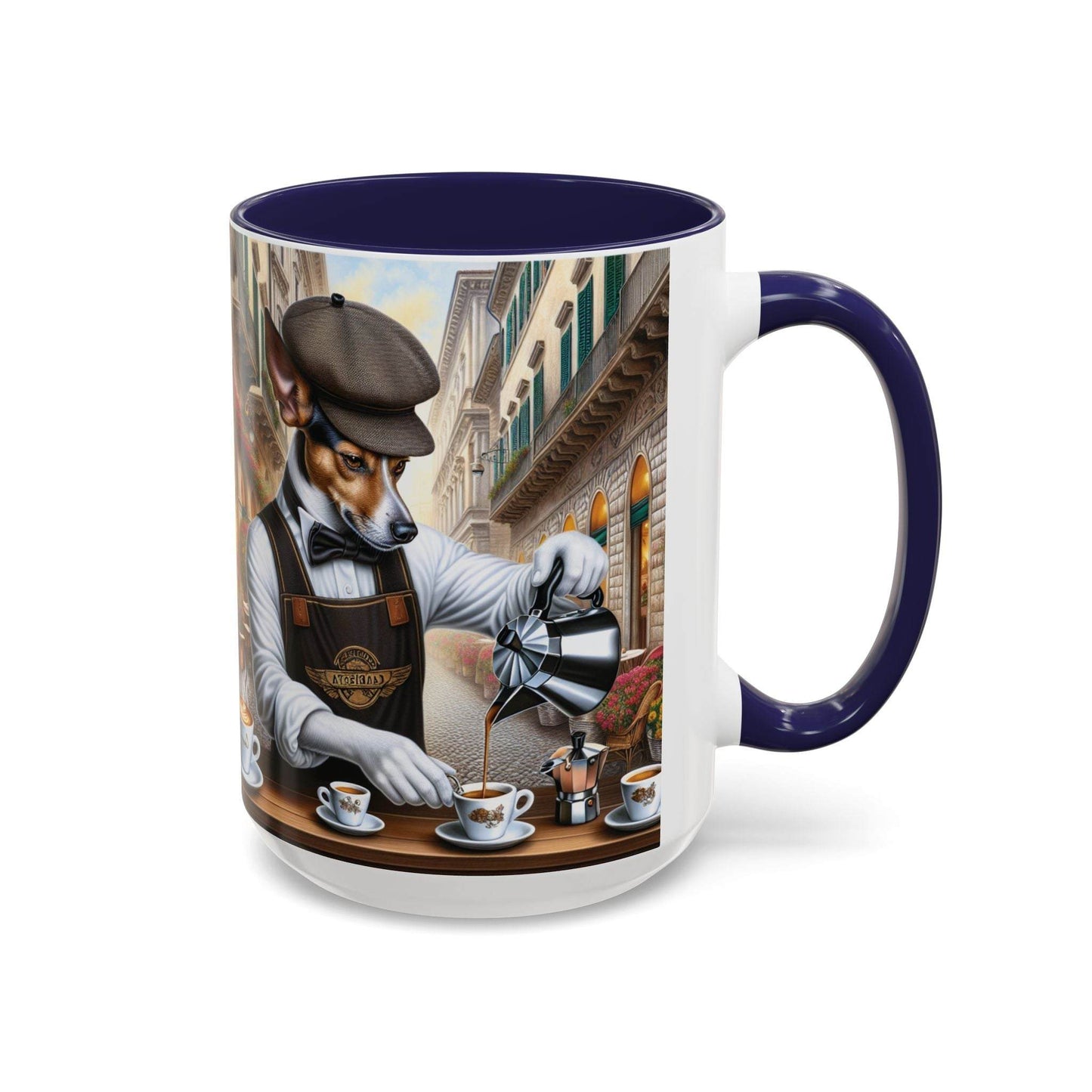 Artistic Dog Barista Coffee Mug with unique dog design, available in 11oz and 15oz sizes, perfect for dog lovers and coffee enthusiasts.