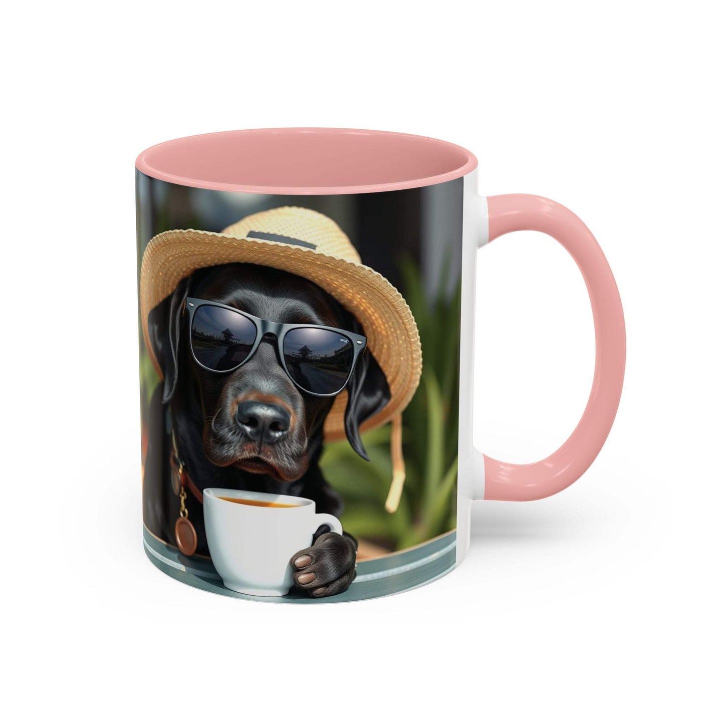 Coffee mug for dog lovers with playful design, pink interior, and handle, featuring dog wearing sunglasses and hat, 11/15oz.