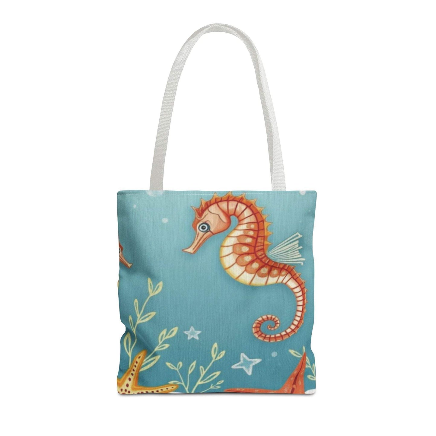 Beach tote bag with vibrant seahorse and starfish design, ideal for beach outings.