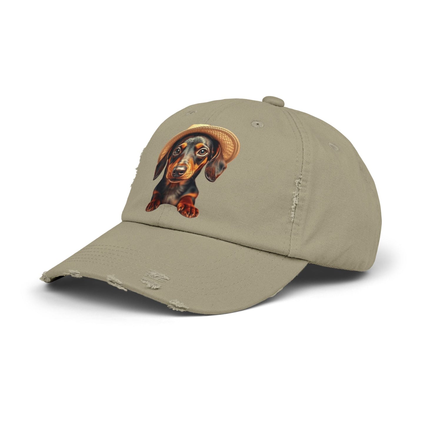 Distressed baseball cap featuring a Dachshund design, vintage look, unisex fit.