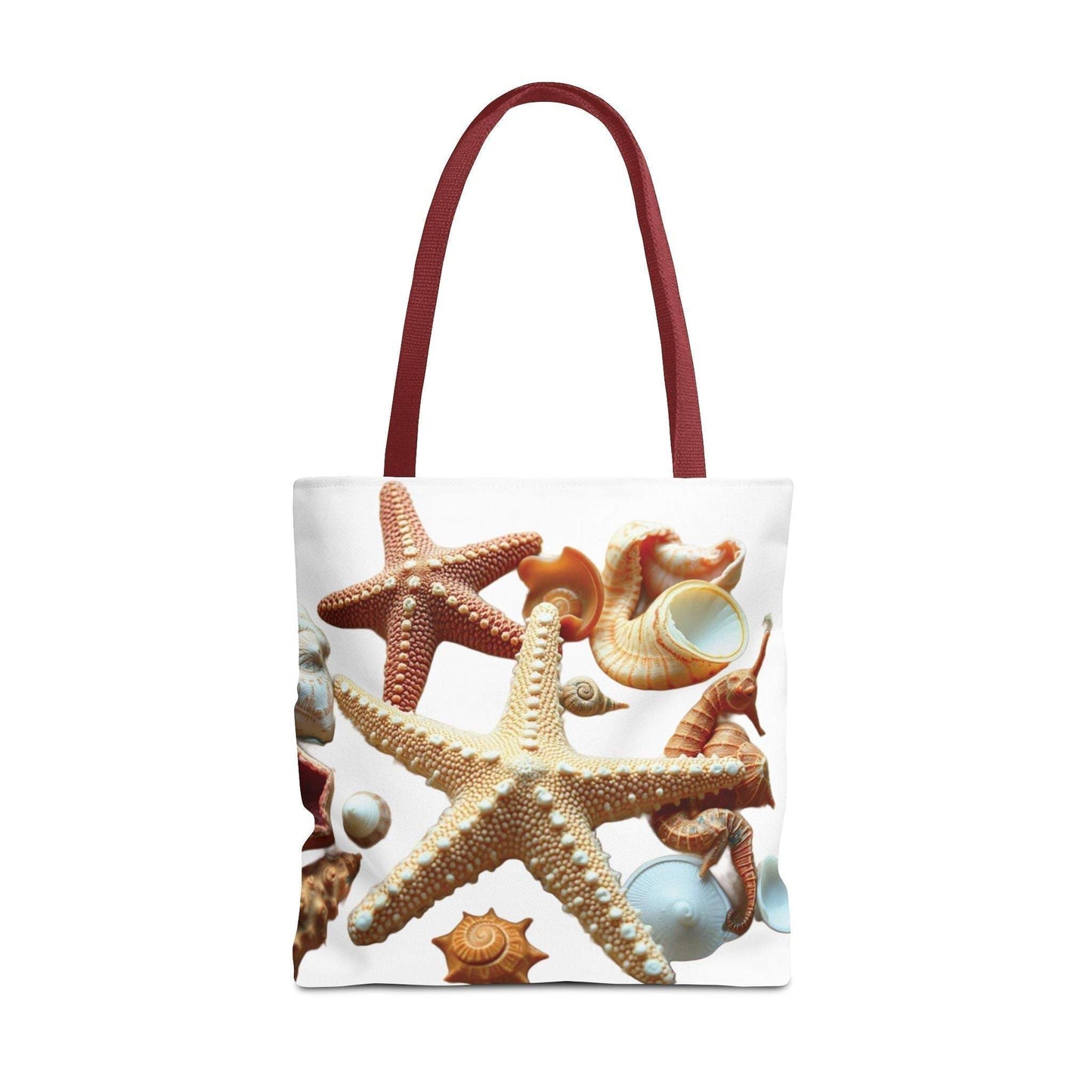 Beach tote bag with seashell and starfish design, polyester, durable, lightweight, summer accessory.