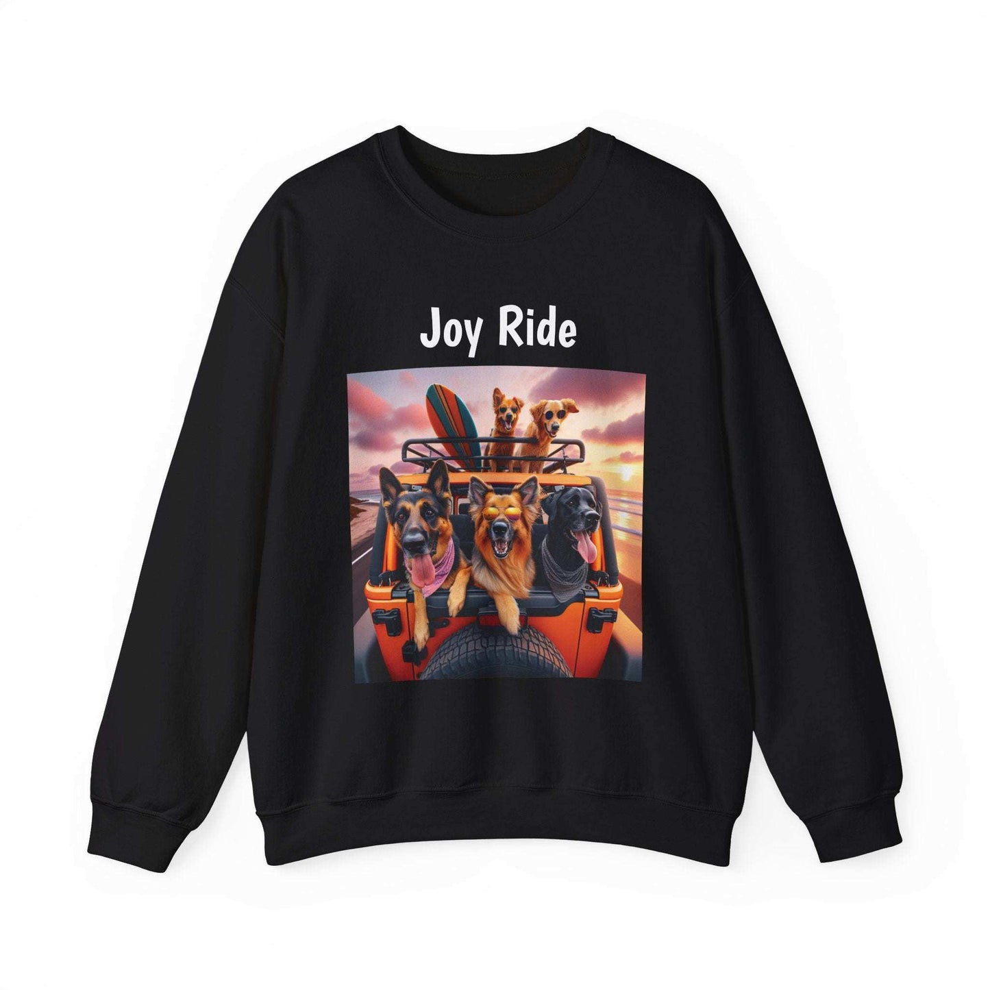 Joy Ride unisex sweatshirt with dogs graphic, cotton-poly blend, black.
