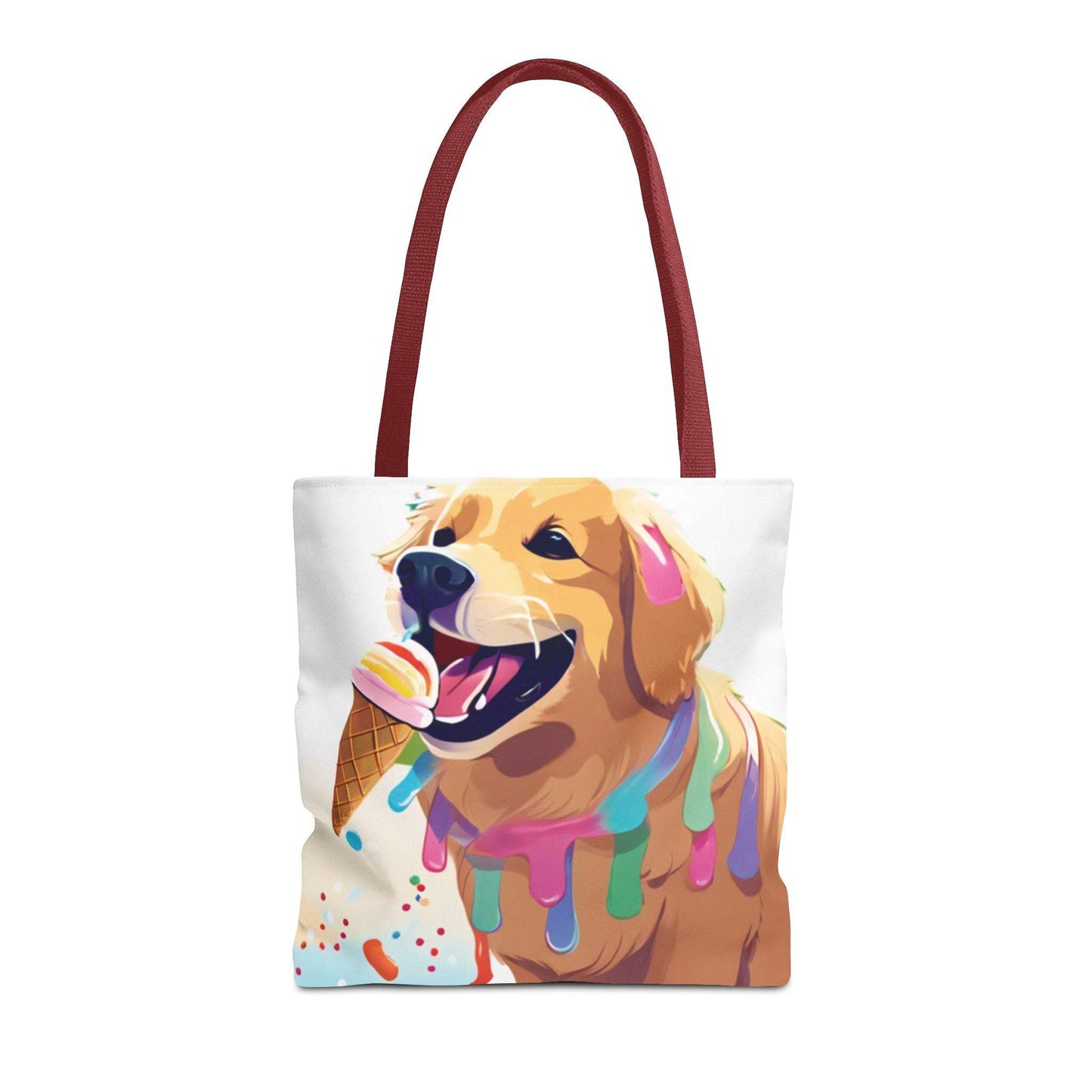 Vibrant tote bag with ice cream pooch design and red handles.