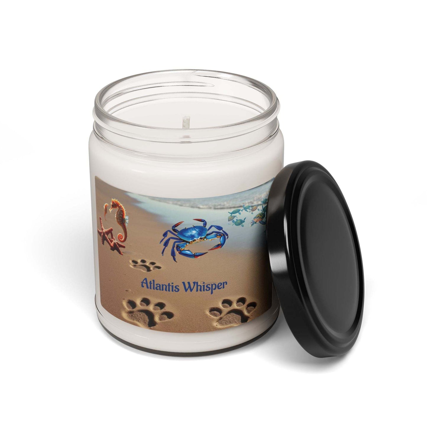 Scented soy candle Atlantis Whisper 9oz with ocean-inspired aroma in reusable glass jar.