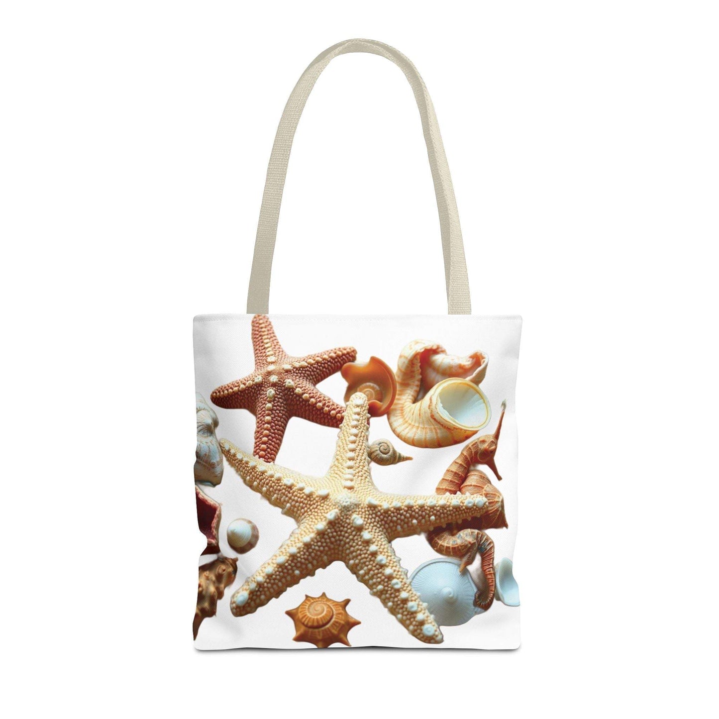 Beach tote bag with seashell and starfish design, durable polyester, ideal for summer outings.
