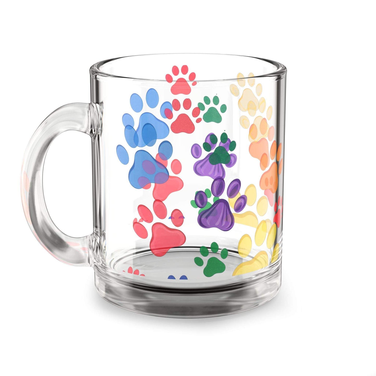 Paw Print Glass Mugs - 10oz with colorful paw design, perfect for pet lovers.