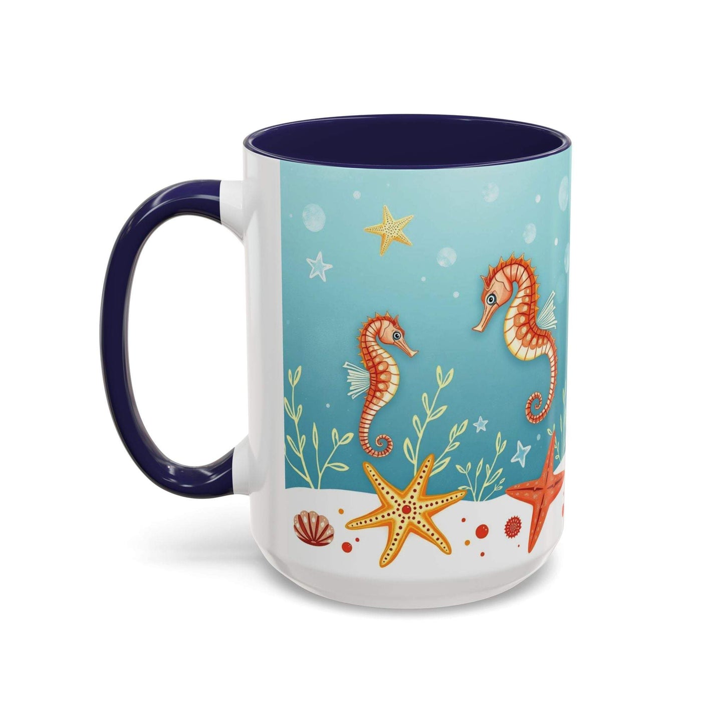 Ocean-themed accent coffee mug with seahorses and starfish design.