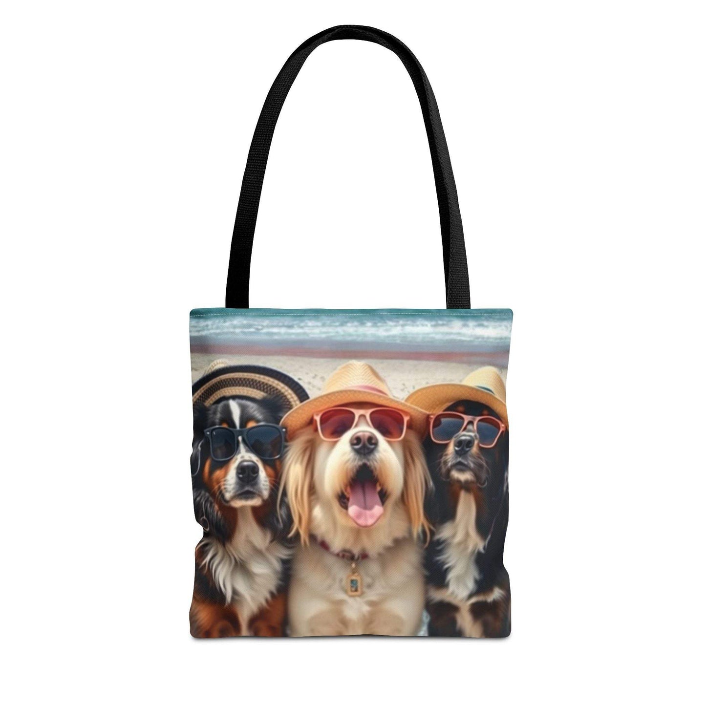 Trendy tote bag with playful dogs in sunglasses design.