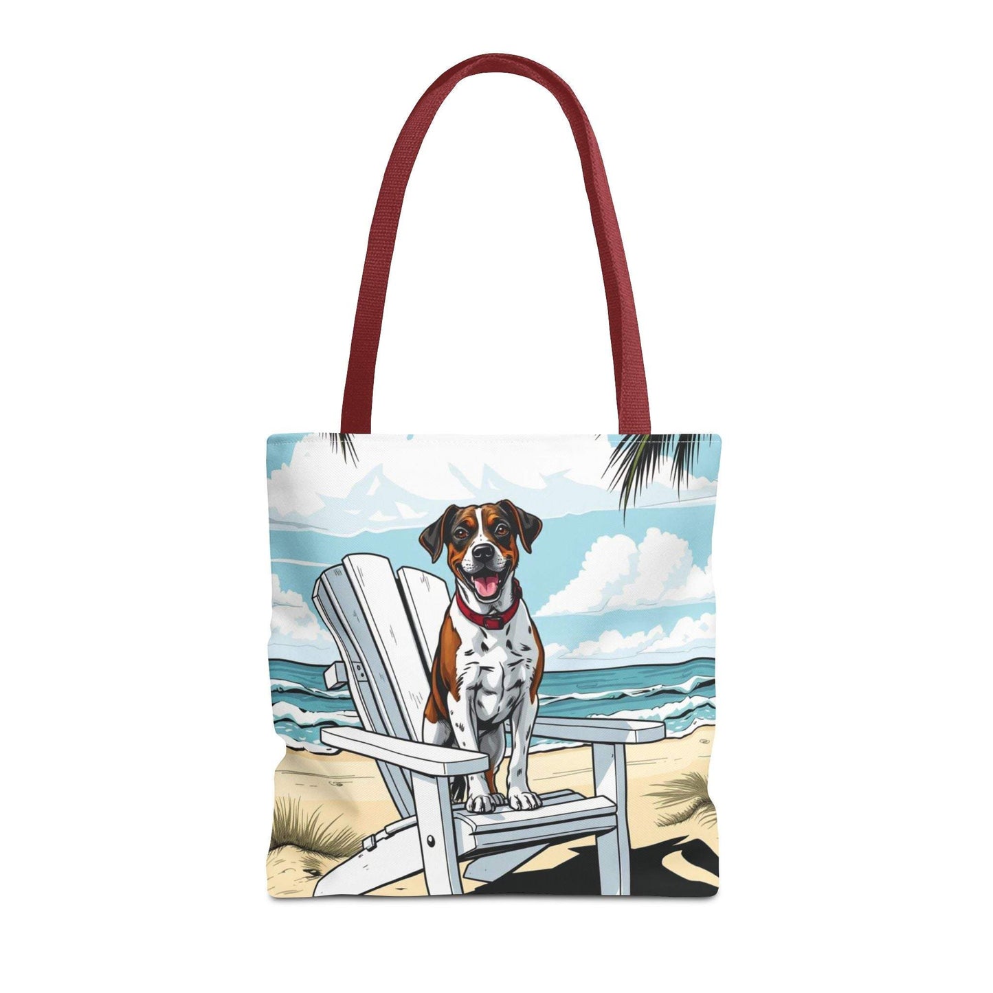 Beach tote bag with dog illustration, ideal for pet lovers and summer adventures.