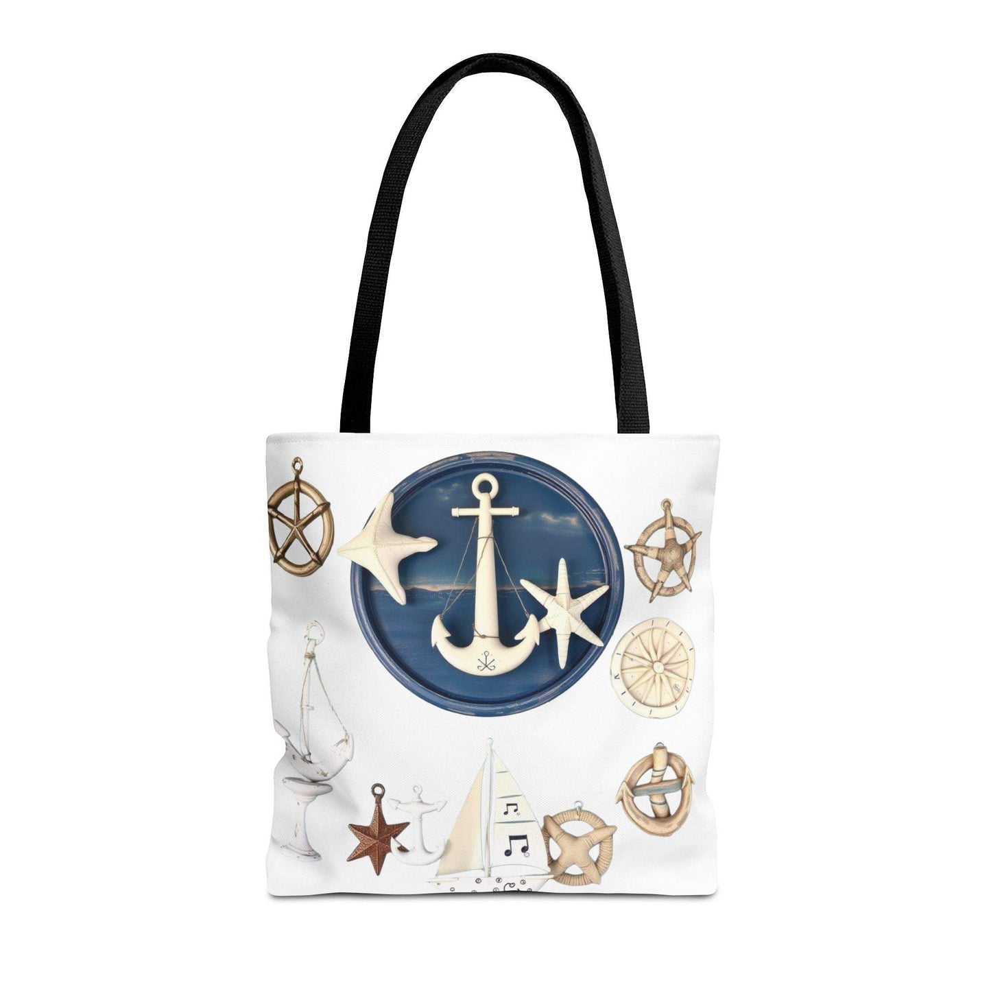 Nautical tote bag with anchor and star motif, stylish coastal design, durable polyester.