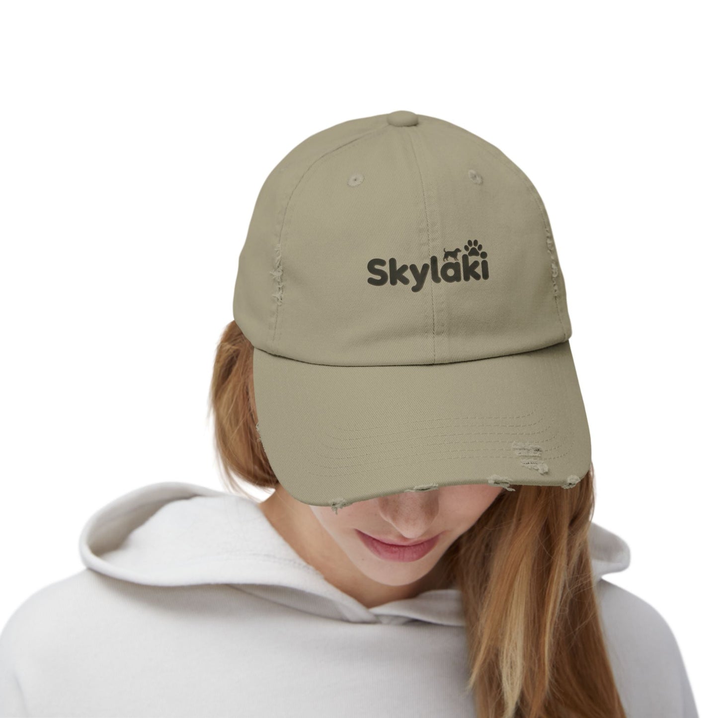 Unisex distressed cap with Skylaki logo, perfect for dog lovers and casual outings.